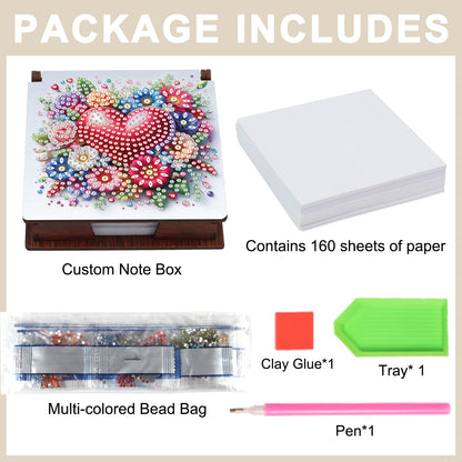 Wooden DIY Flower Heart Diamond Painting Kit Note Box with 160 Papers for Office