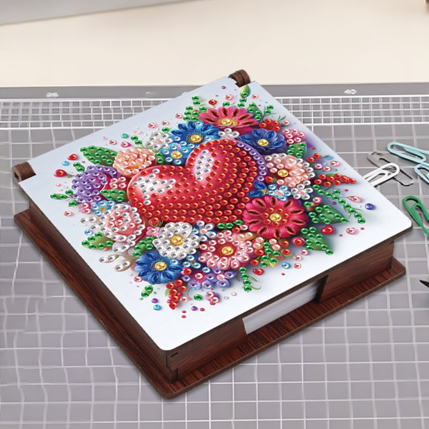 Wooden DIY Flower Heart Diamond Painting Kit Note Box with 160 Papers for Office