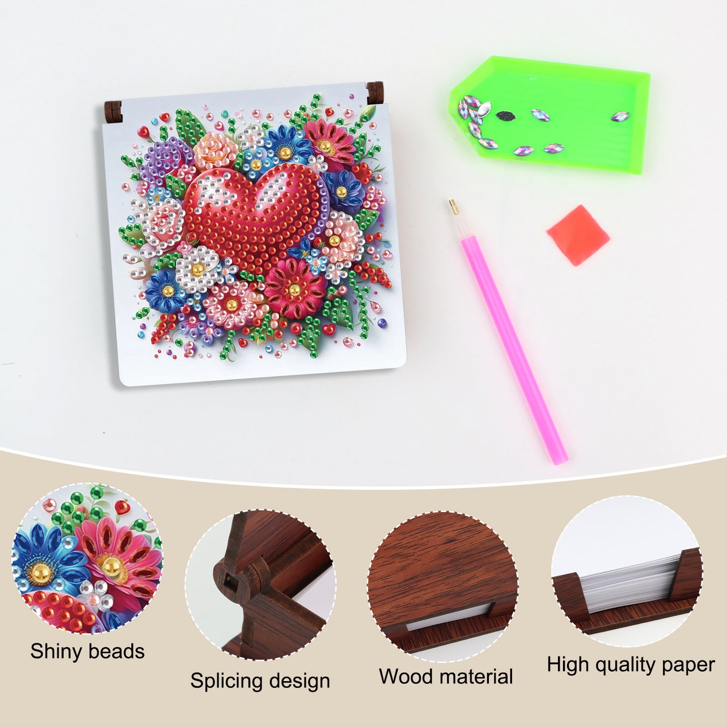 Wooden DIY Flower Heart Diamond Painting Kit Note Box with 160 Papers for Office