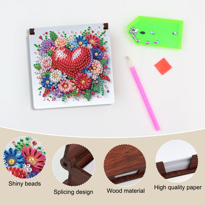 Wooden DIY Flower Heart Diamond Painting Kit Note Box with 160 Papers for Office