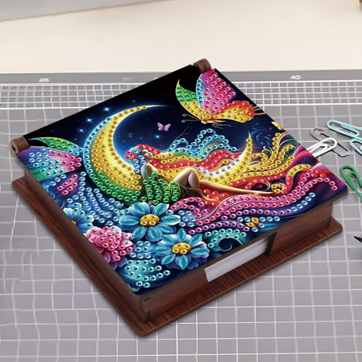 Wooden DIY Moon Fairy Diamond Painting Kit Note Box with 160 Papers for Office