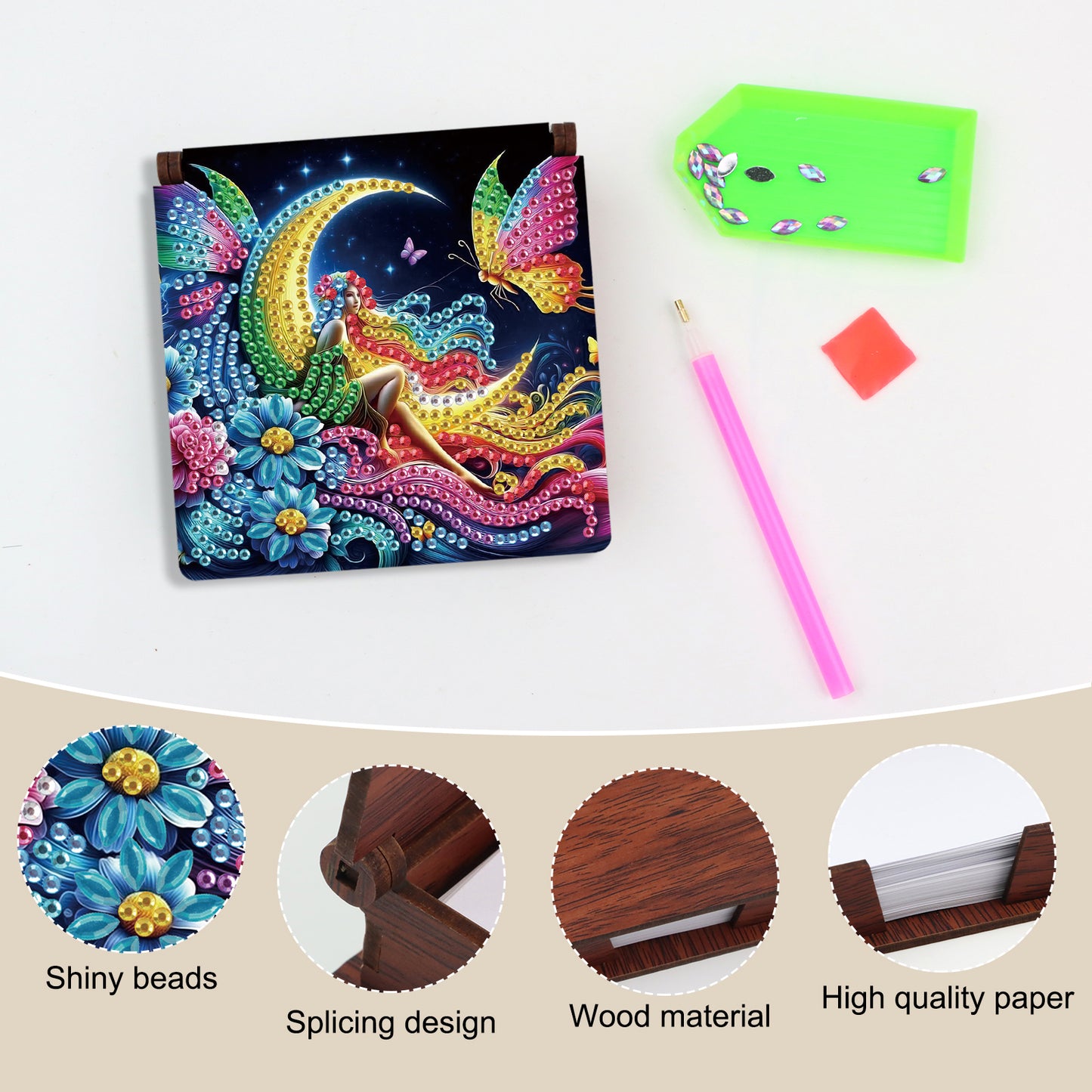 Wooden DIY Moon Fairy Diamond Painting Kit Note Box with 160 Papers for Office