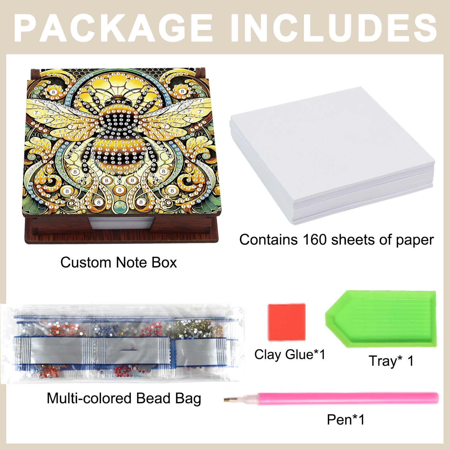 Wooden DIY Bee Diamond Painting Kit Note Box with 160 Papers for Office Desk