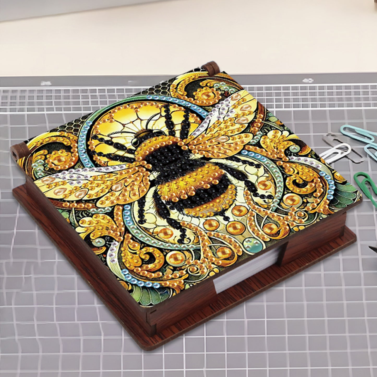 Wooden DIY Bee Diamond Painting Kit Note Box with 160 Papers for Office Desk
