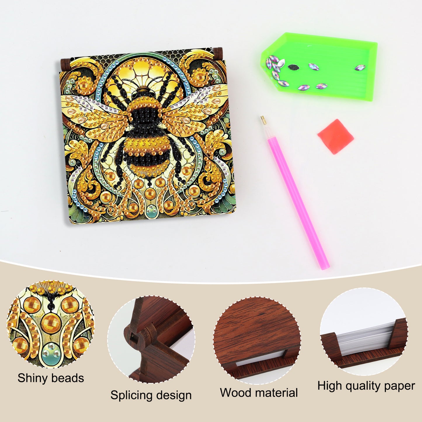 Wooden DIY Bee Diamond Painting Kit Note Box with 160 Papers for Office Desk