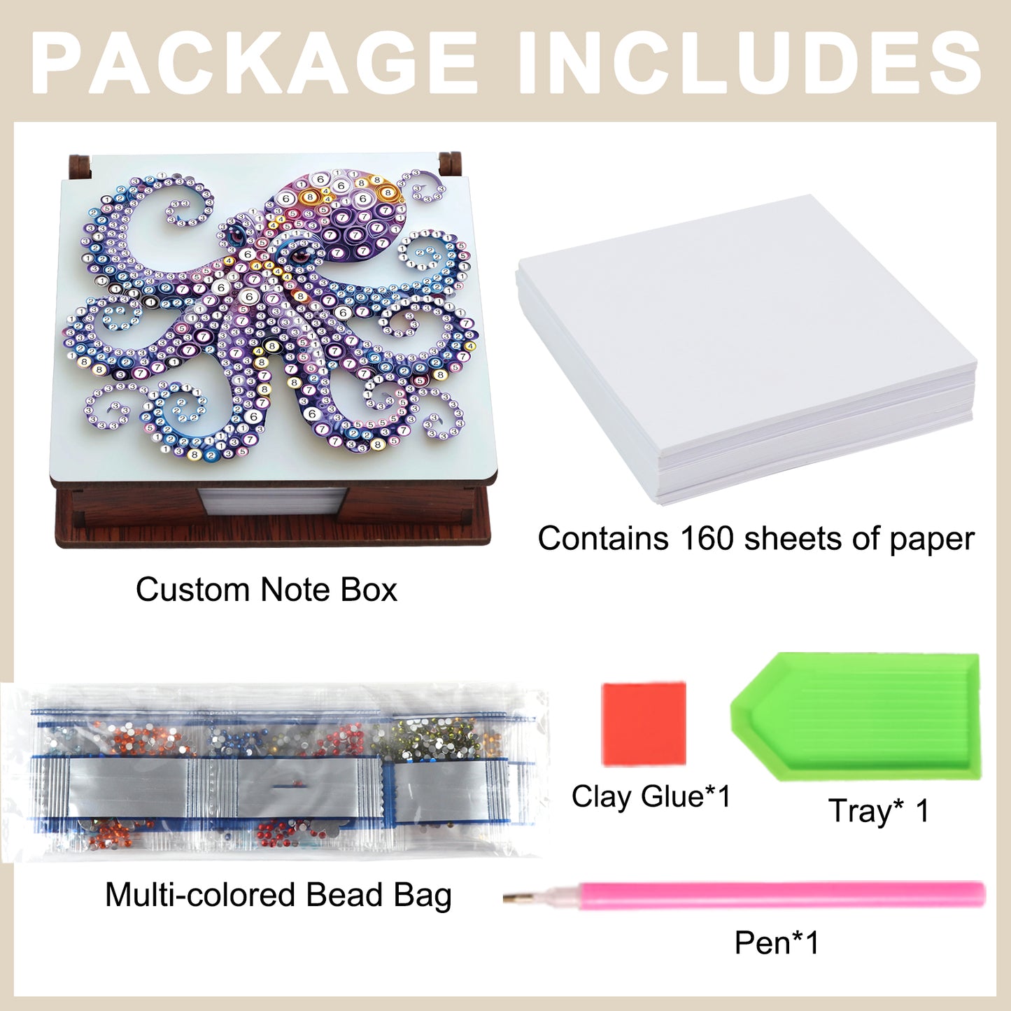 Wooden DIY Octopus Diamond Painting Kit Note Box with 160 Papers for Office Desk