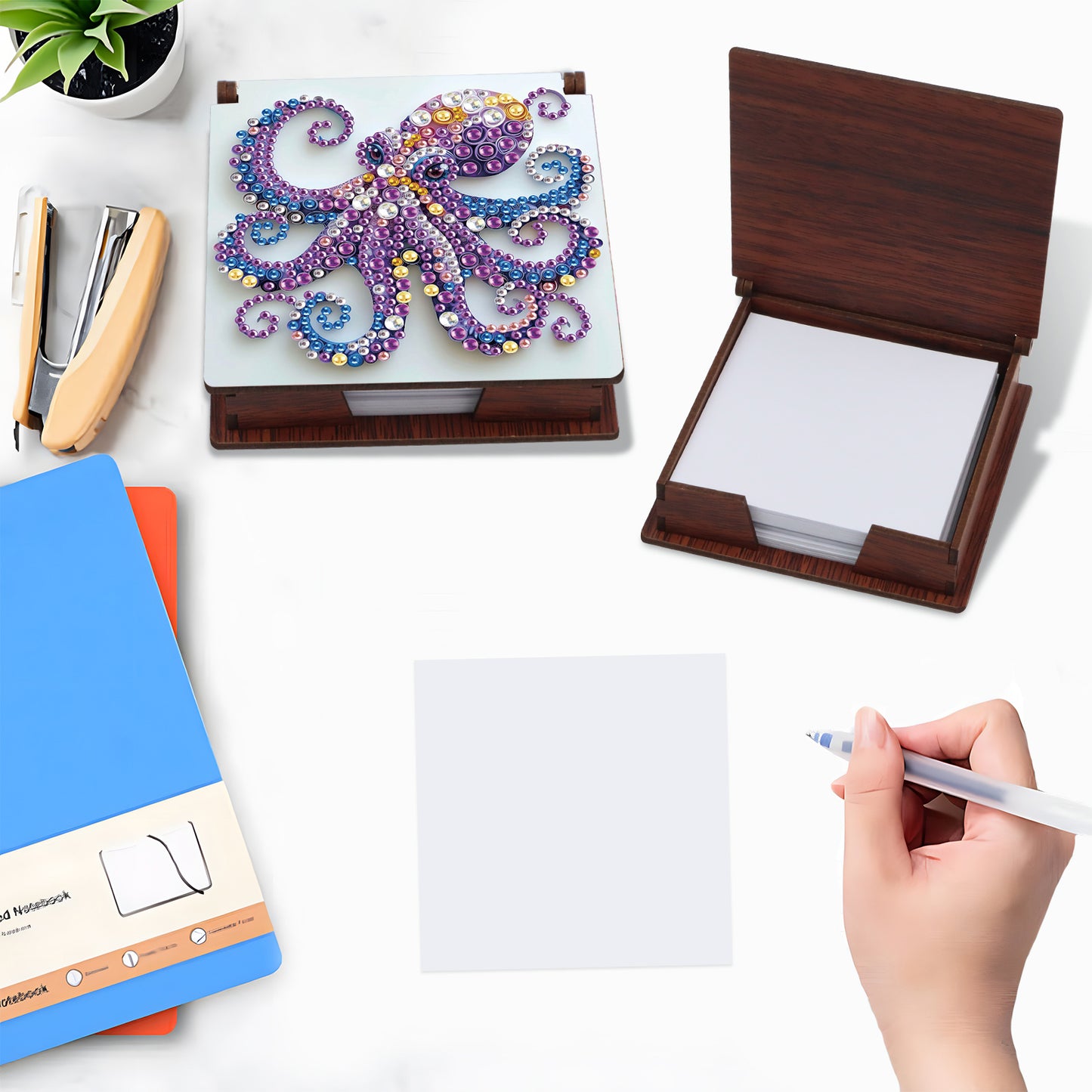 Wooden DIY Octopus Diamond Painting Kit Note Box with 160 Papers for Office Desk
