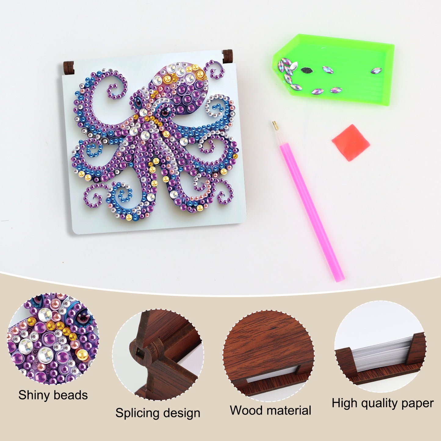 Wooden DIY Octopus Diamond Painting Kit Note Box with 160 Papers for Office Desk