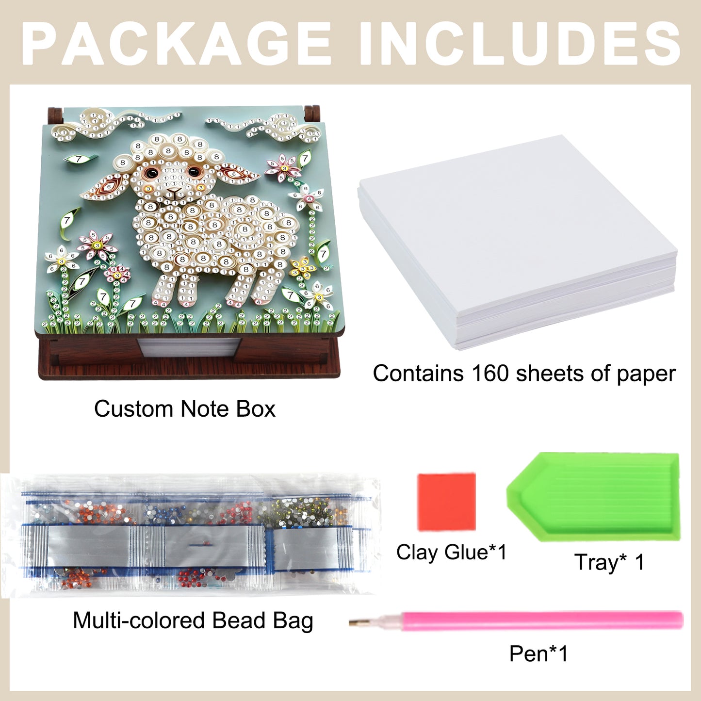 Wooden DIY Sheep Diamond Painting Kit Note Box with 160 Papers for Office Desk
