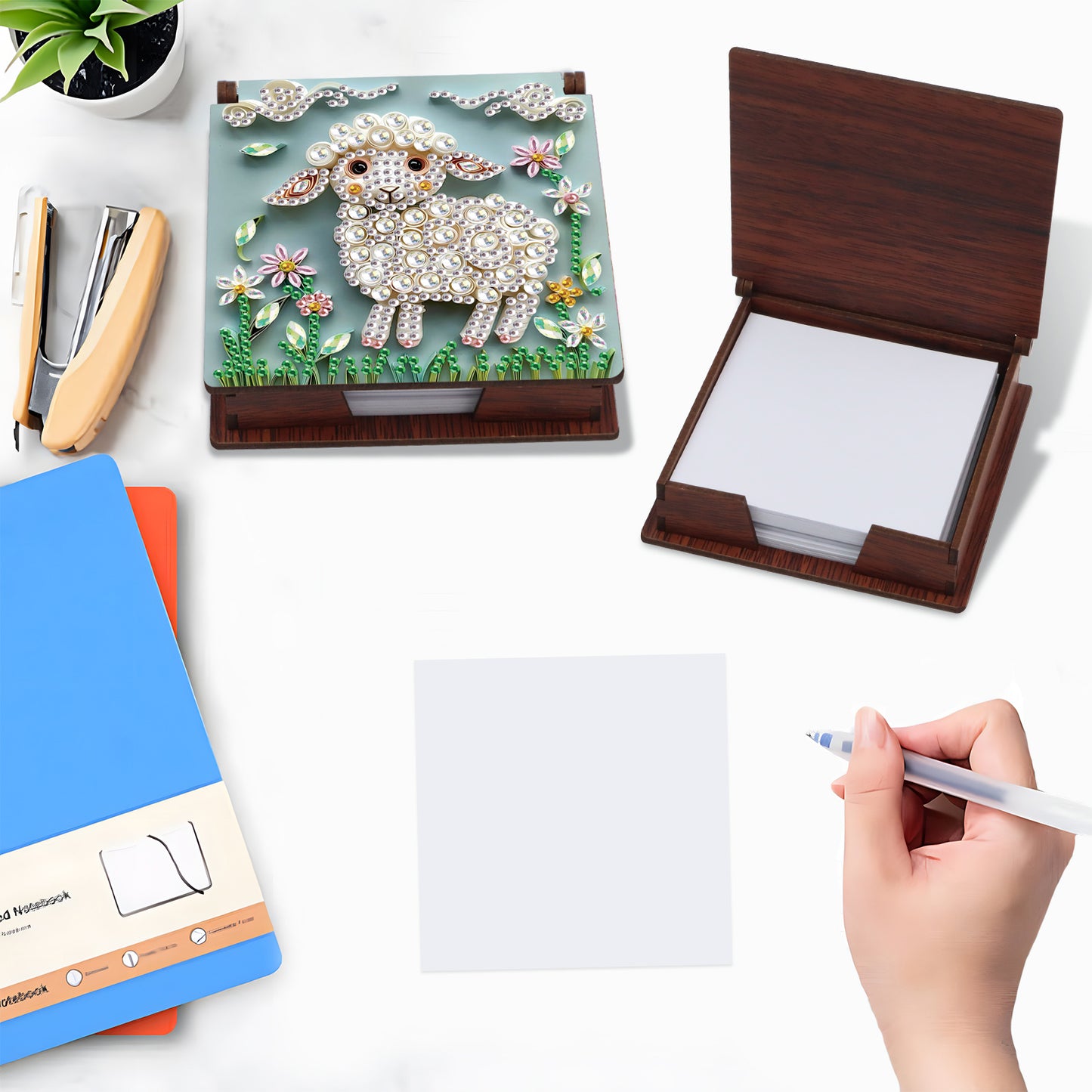 Wooden DIY Sheep Diamond Painting Kit Note Box with 160 Papers for Office Desk