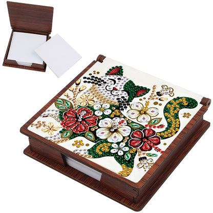 Wooden DIY Flower Cat Diamond Painting Kit Note Box with 160 Papers for Office