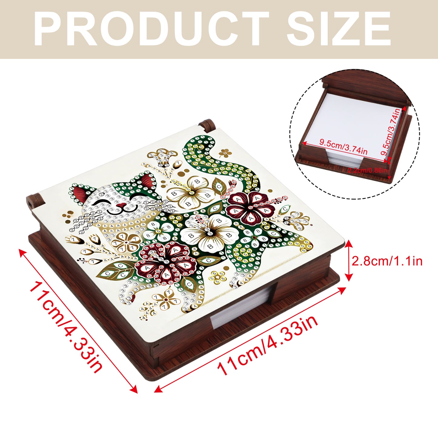 Wooden DIY Flower Cat Diamond Painting Kit Note Box with 160 Papers for Office