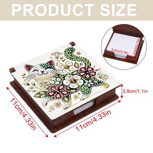 Wooden DIY Flower Cat Diamond Painting Kit Note Box with 160 Papers for Office