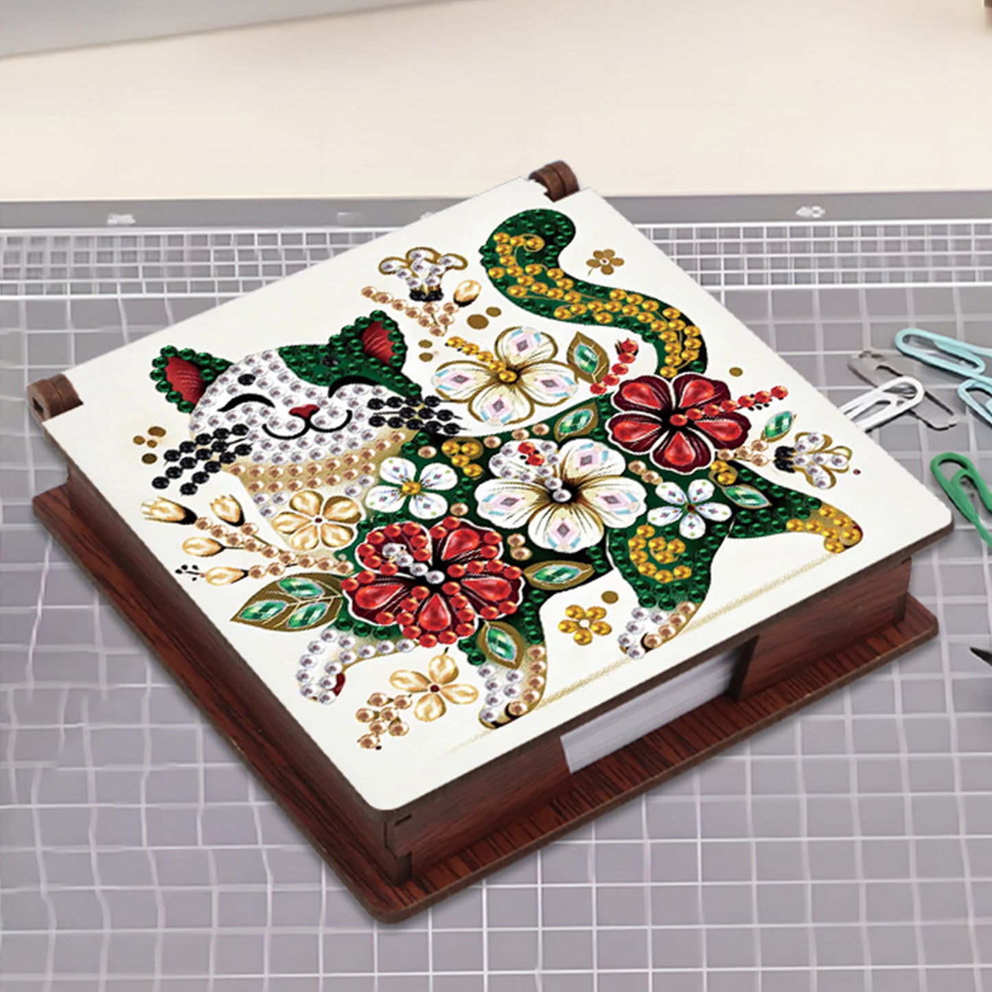 Wooden DIY Flower Cat Diamond Painting Kit Note Box with 160 Papers for Office
