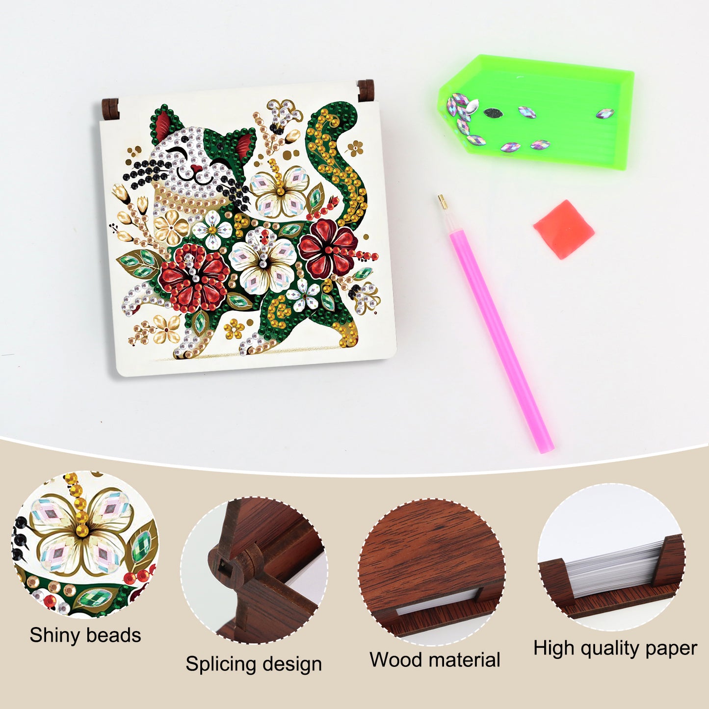 Wooden DIY Flower Cat Diamond Painting Kit Note Box with 160 Papers for Office