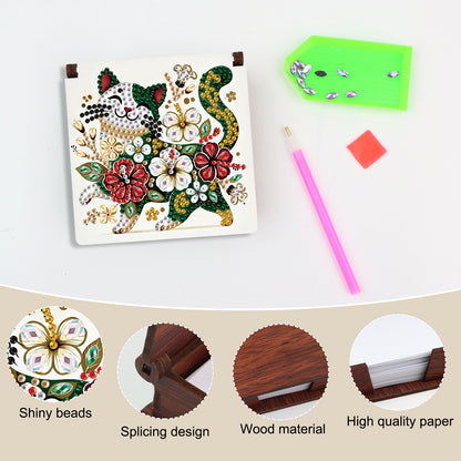 Wooden DIY Flower Cat Diamond Painting Kit Note Box with 160 Papers for Office