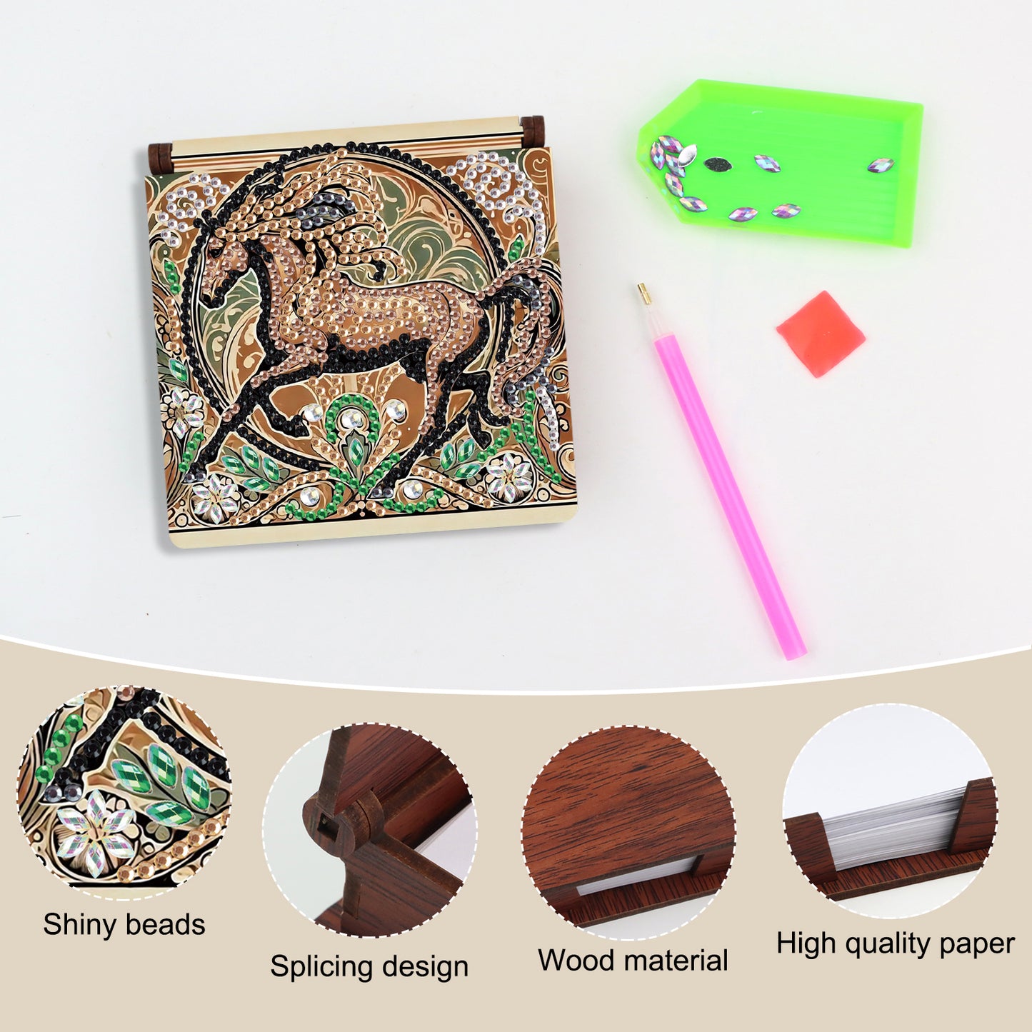 Wooden DIY Horse Diamond Painting Kit Note Box with 160 Papers for Office Desk