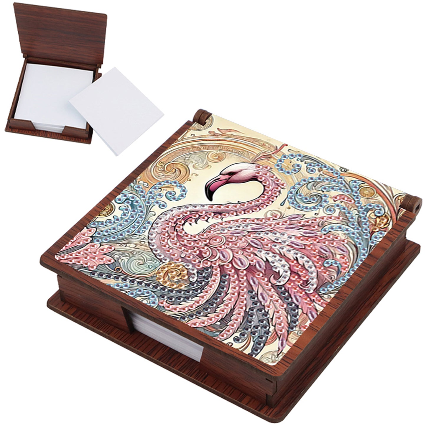 Wooden DIY Flamingo Diamond Painting Kit Note Box with 160 Papers for Office