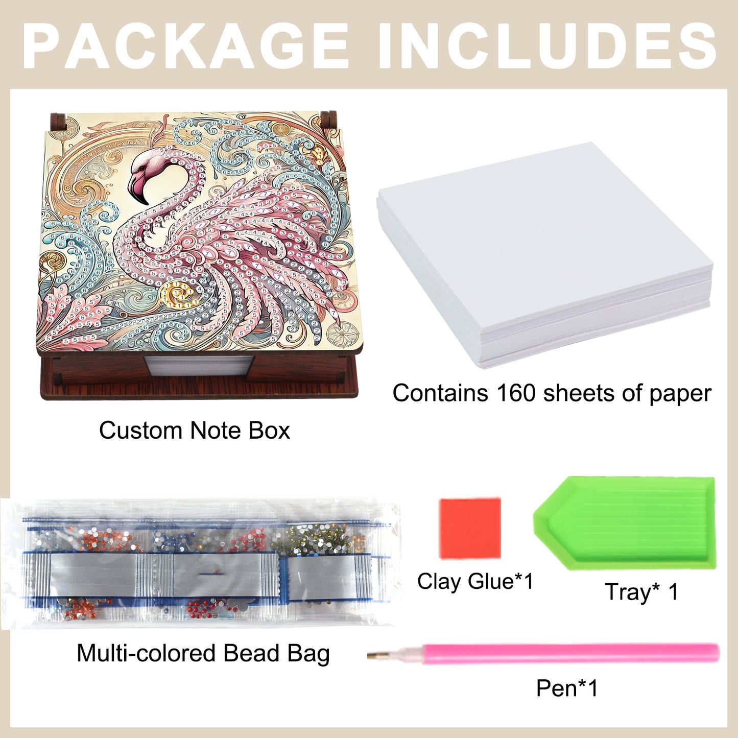 Wooden DIY Flamingo Diamond Painting Kit Note Box with 160 Papers for Office