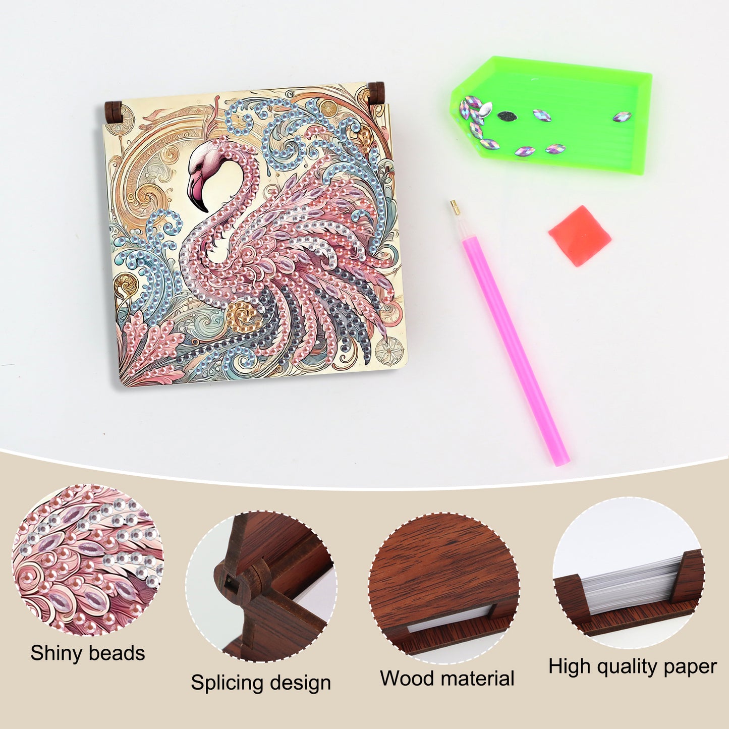 Wooden DIY Flamingo Diamond Painting Kit Note Box with 160 Papers for Office