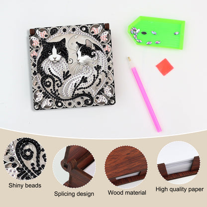 Wooden DIY Black White Cat Diamond Painting Kit Note Box with 160 Papers Gifts