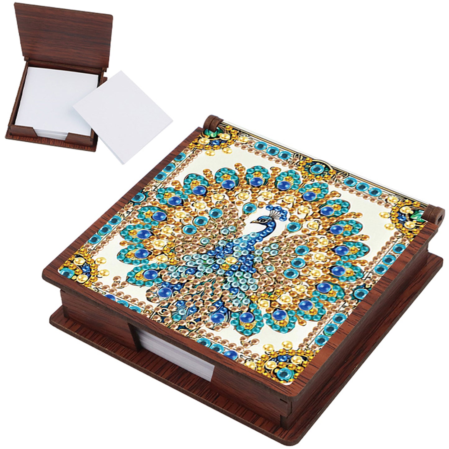 Wooden DIY Peacock Diamond Painting Kit Note Box with 160 Papers for Office Desk