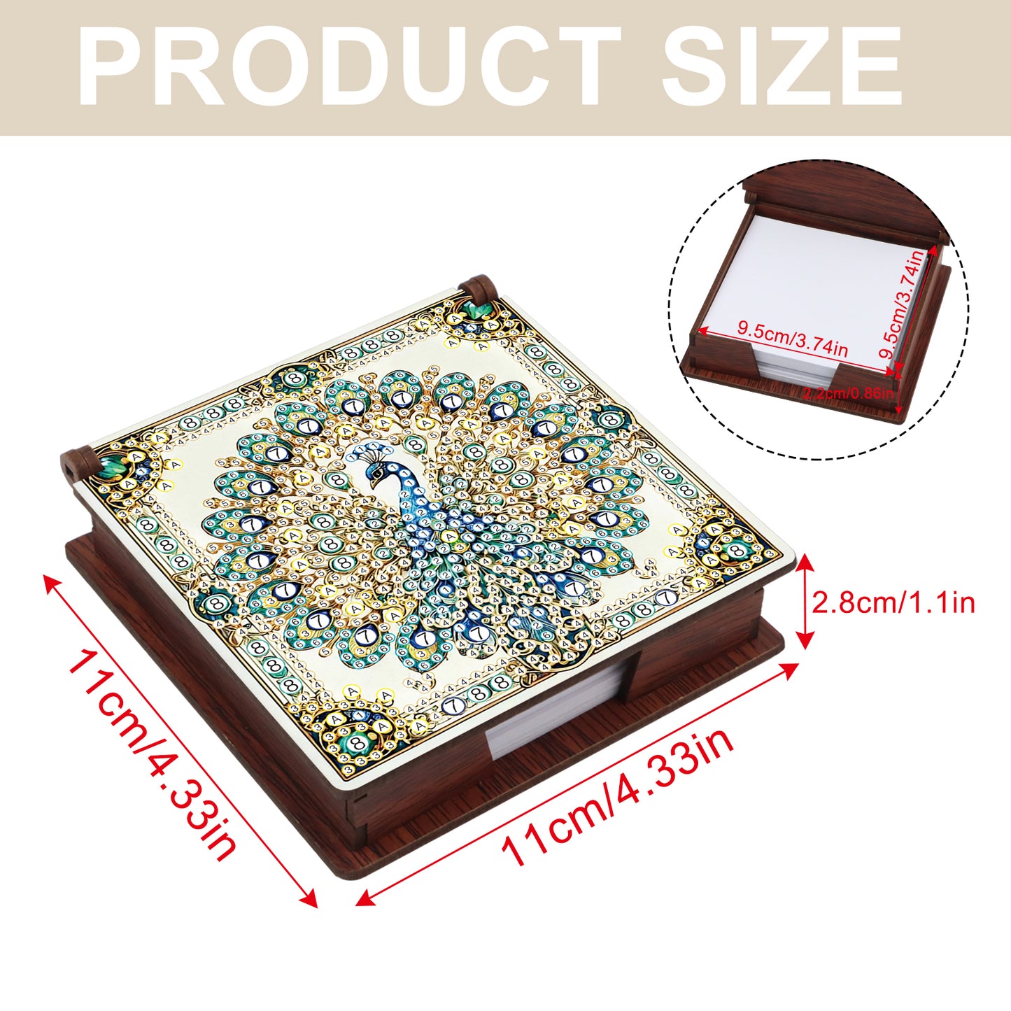 Wooden DIY Peacock Diamond Painting Kit Note Box with 160 Papers for Office Desk