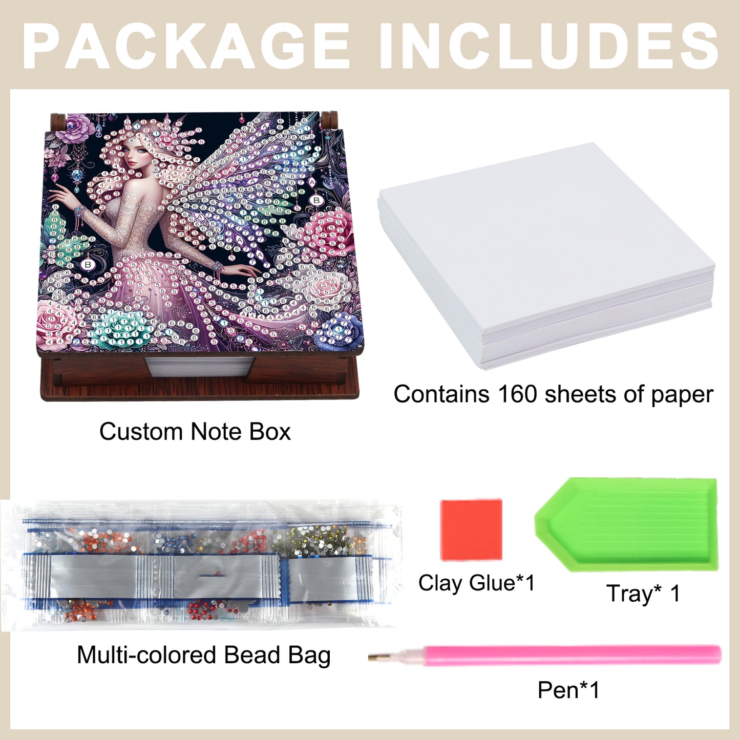 Wooden DIY Fairy Beauty Diamond Painting Kit Note Box with 160 Papers for Office