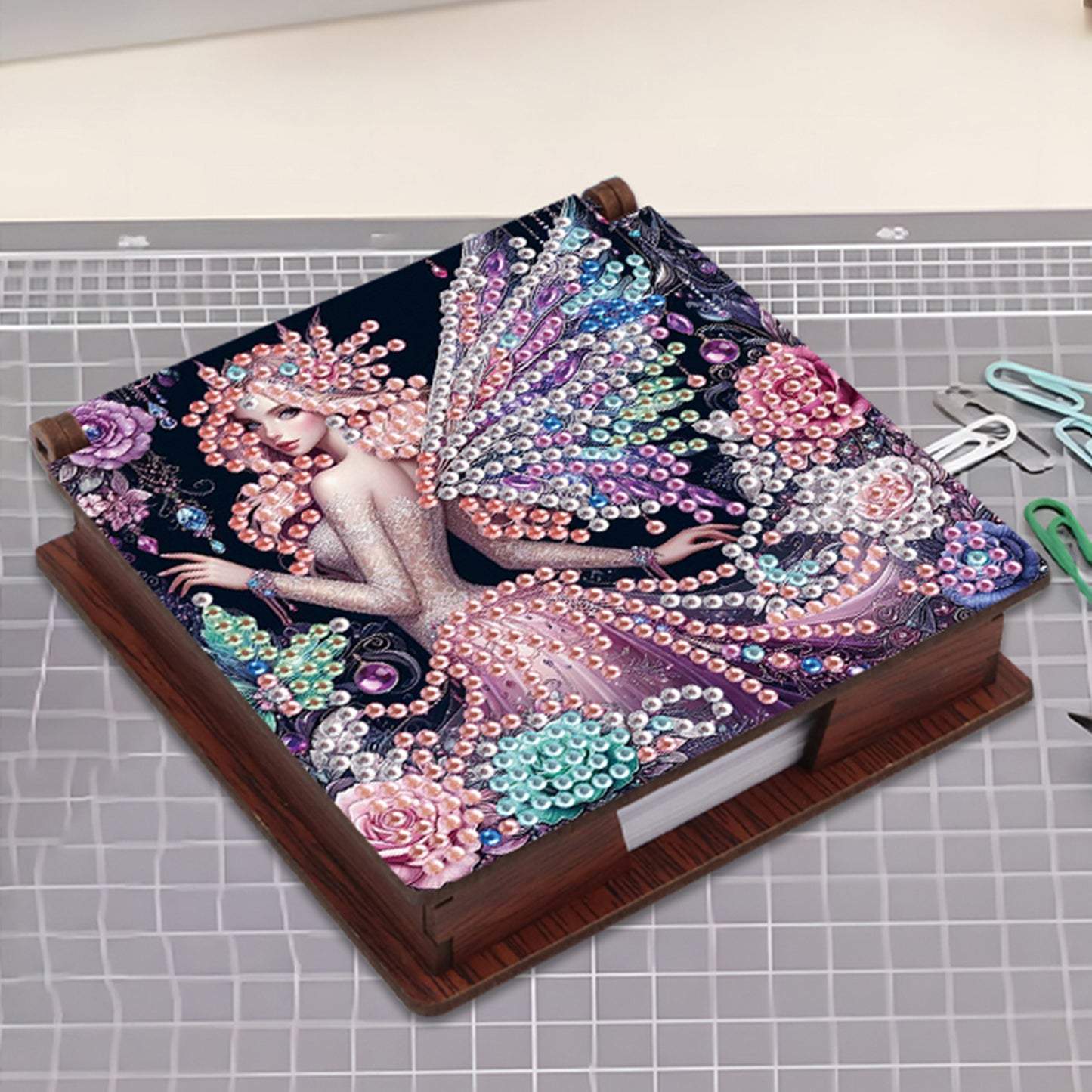 Wooden DIY Fairy Beauty Diamond Painting Kit Note Box with 160 Papers for Office