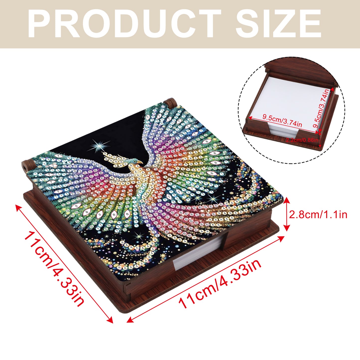 Wooden DIY Phoenix Diamond Painting Kit Note Box with 160 Papers for Office