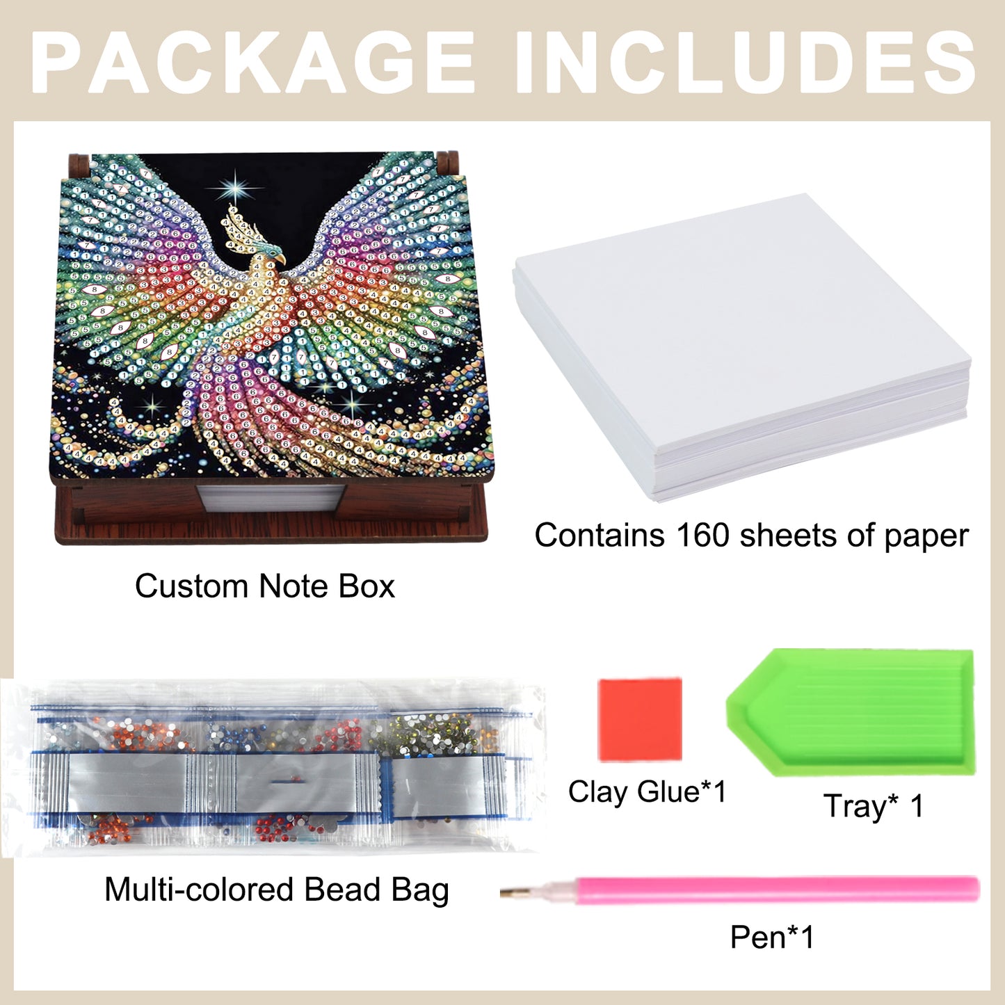 Wooden DIY Phoenix Diamond Painting Kit Note Box with 160 Papers for Office