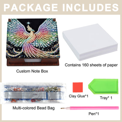 Wooden DIY Phoenix Diamond Painting Kit Note Box with 160 Papers for Office