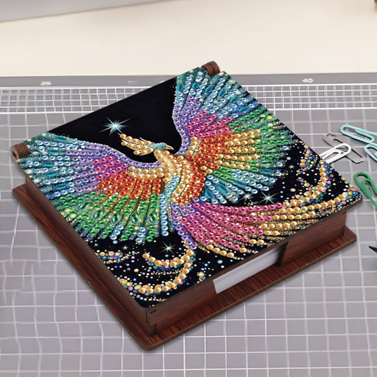 Wooden DIY Phoenix Diamond Painting Kit Note Box with 160 Papers for Office