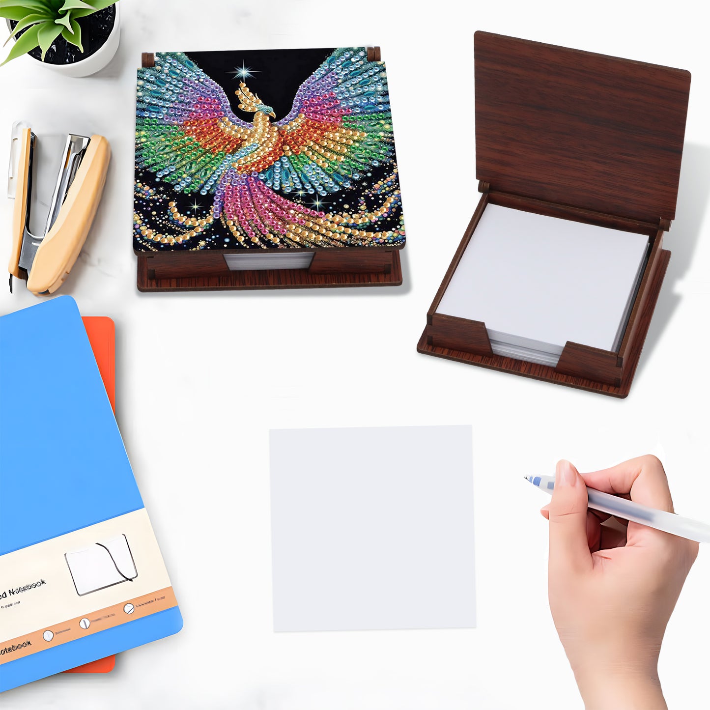 Wooden DIY Phoenix Diamond Painting Kit Note Box with 160 Papers for Office