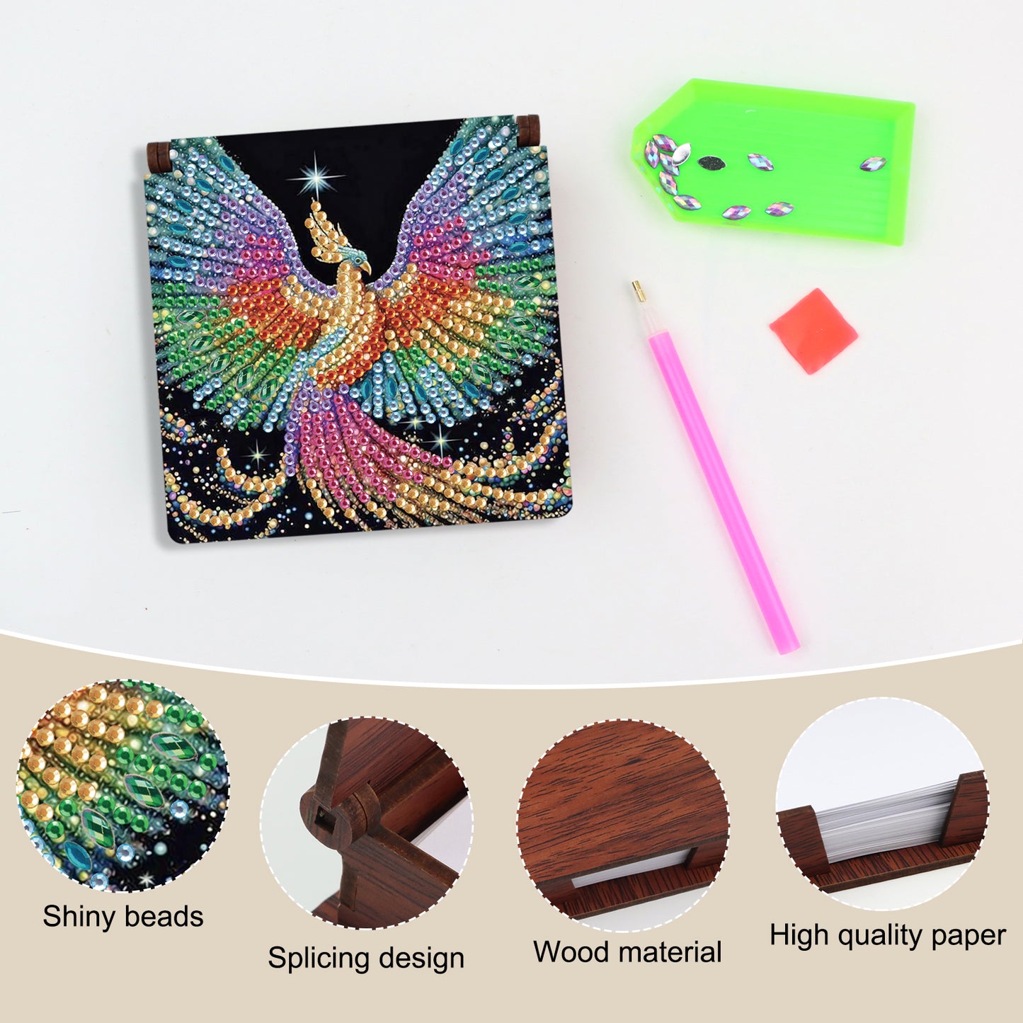 Wooden DIY Phoenix Diamond Painting Kit Note Box with 160 Papers for Office