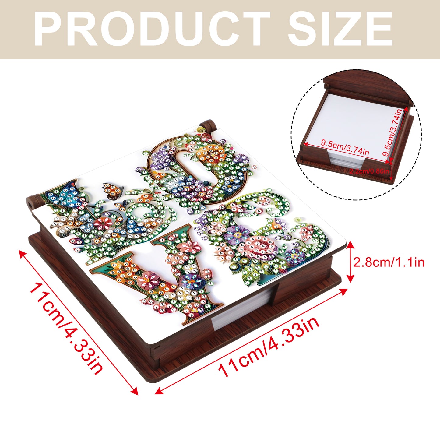 Wooden DIY LOVE Flower Diamond Painting Kit Note Box with 160 Papers for Office