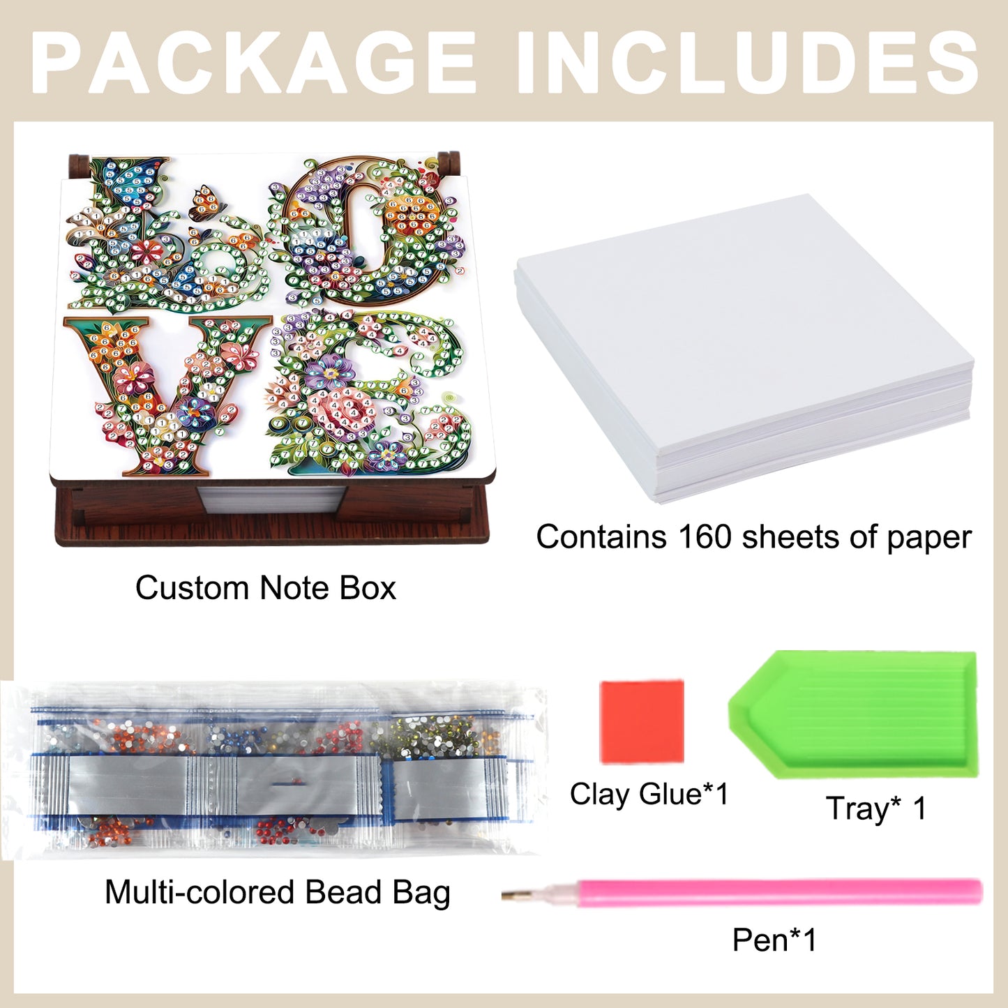 Wooden DIY LOVE Flower Diamond Painting Kit Note Box with 160 Papers for Office