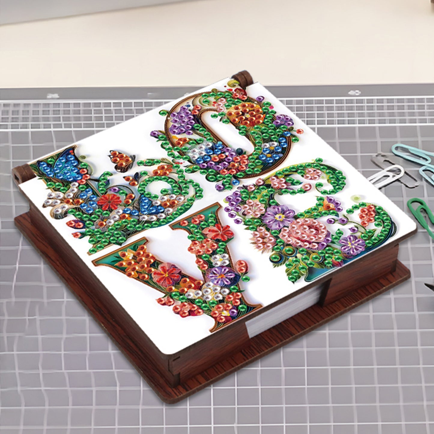 Wooden DIY LOVE Flower Diamond Painting Kit Note Box with 160 Papers for Office