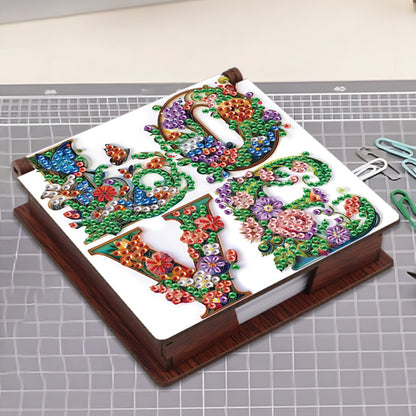 Wooden DIY LOVE Flower Diamond Painting Kit Note Box with 160 Papers for Office