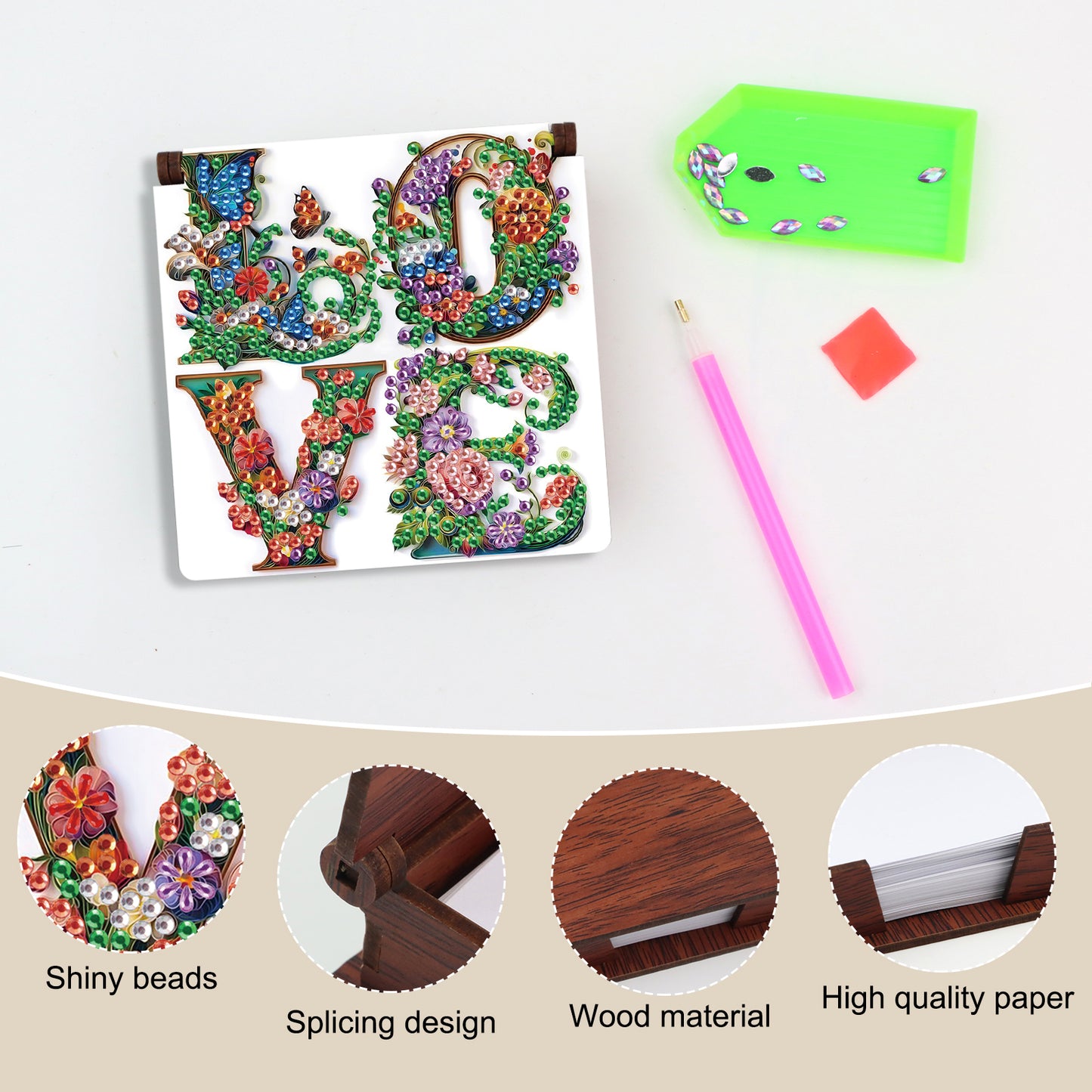 Wooden DIY LOVE Flower Diamond Painting Kit Note Box with 160 Papers for Office