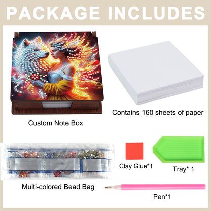 Wooden DIY White Wolf Beauty Diamond Painting Kit Note Box with 160 Papers Gifts