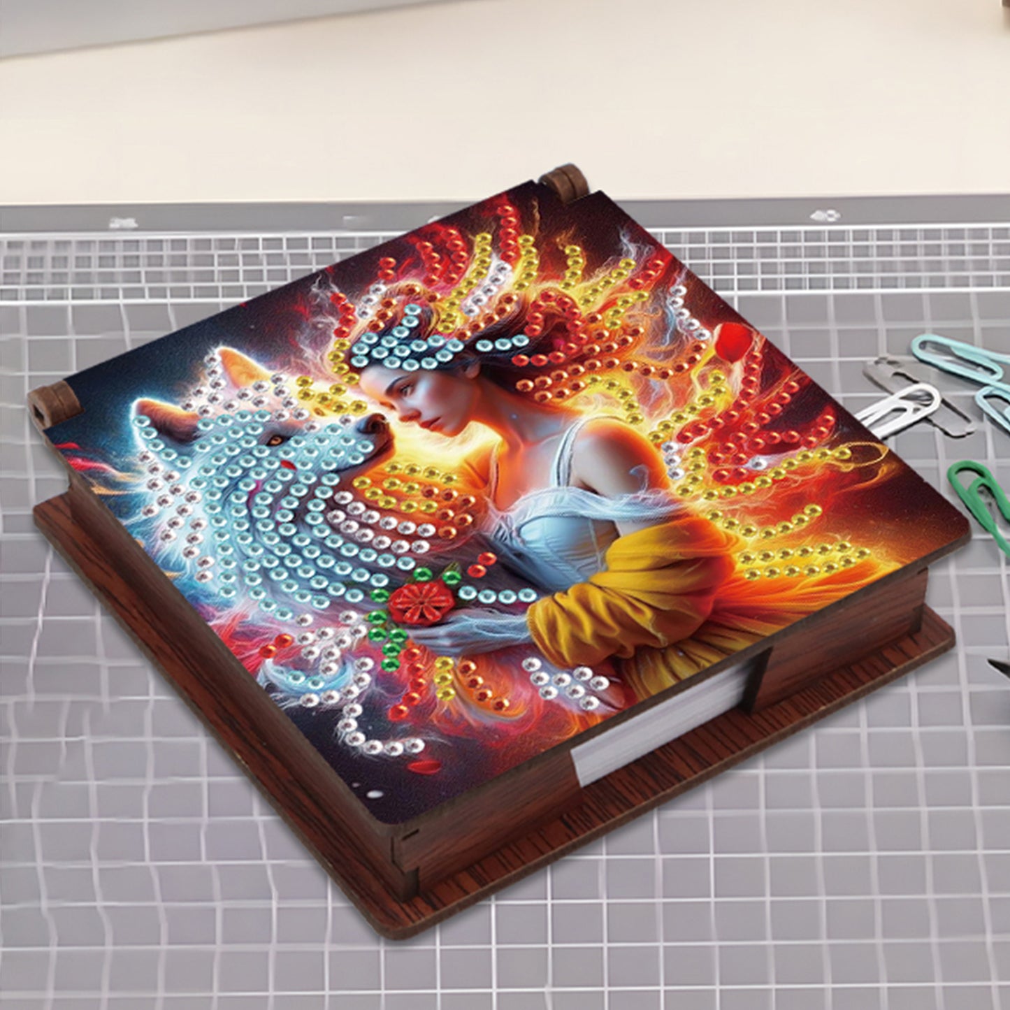 Wooden DIY White Wolf Beauty Diamond Painting Kit Note Box with 160 Papers Gifts