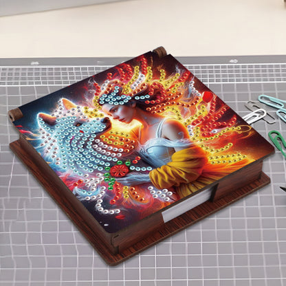Wooden DIY White Wolf Beauty Diamond Painting Kit Note Box with 160 Papers Gifts
