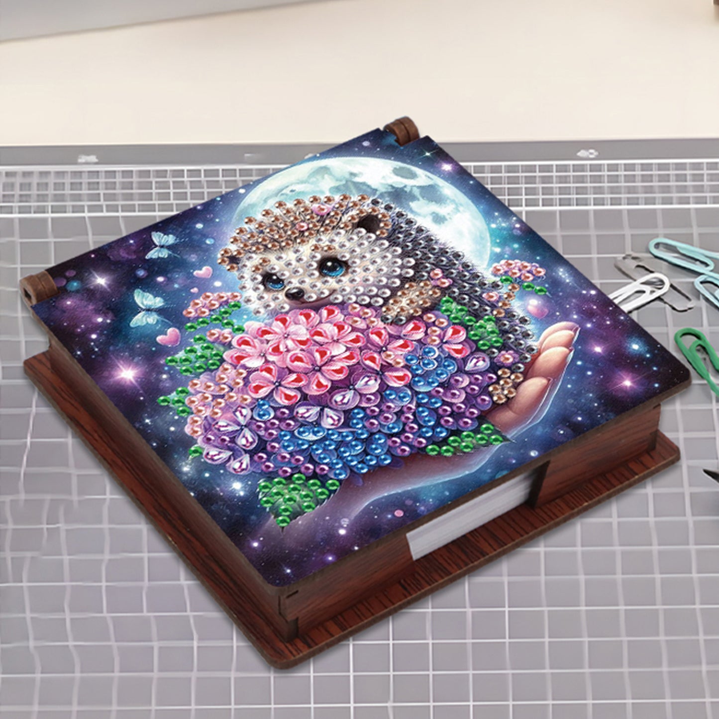 Wooden DIY Hedgehog Hydrangea Bouquet Diamond Painting Kit Note Box for Office