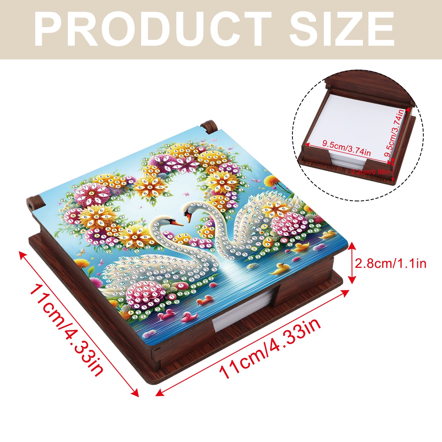 Wooden DIY Flower Swan Diamond Painting Kit Note Box with 160 Papers for Office