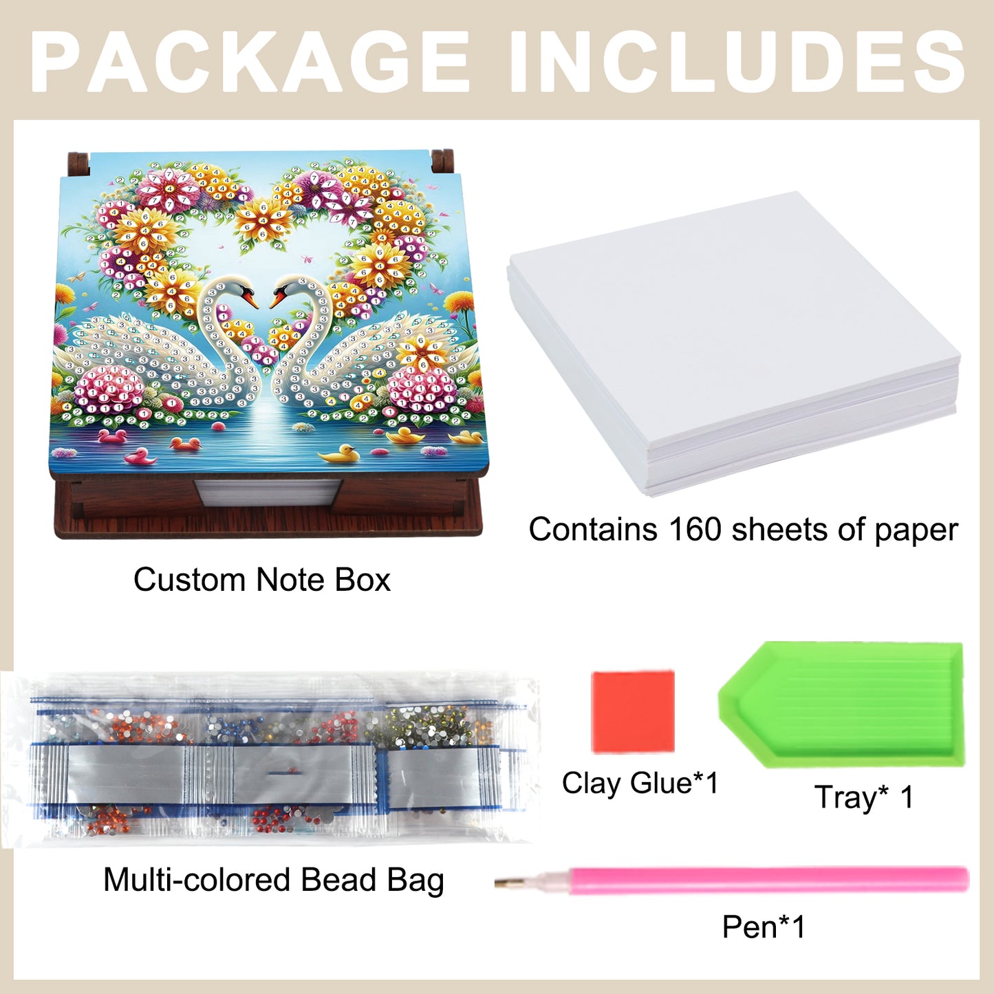 Wooden DIY Flower Swan Diamond Painting Kit Note Box with 160 Papers for Office