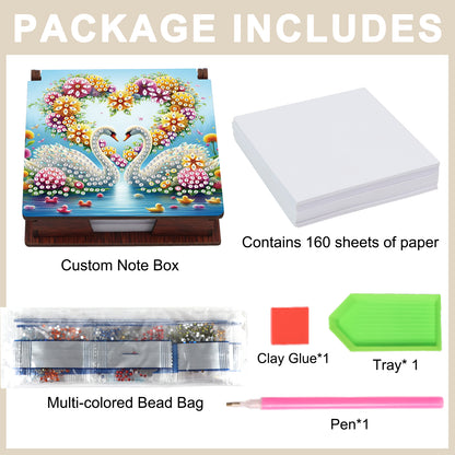 Wooden DIY Flower Swan Diamond Painting Kit Note Box with 160 Papers for Office