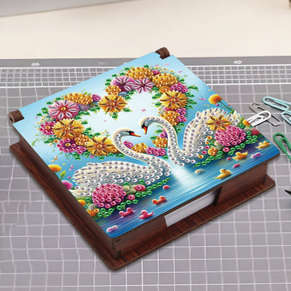 Wooden DIY Flower Swan Diamond Painting Kit Note Box with 160 Papers for Office