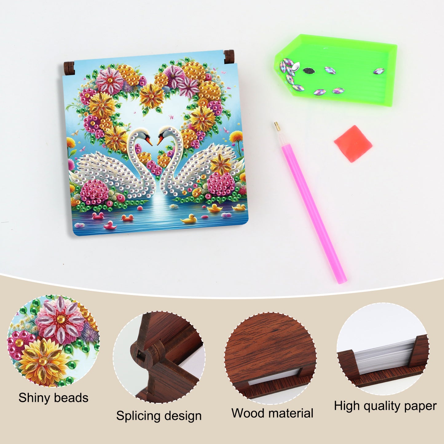 Wooden DIY Flower Swan Diamond Painting Kit Note Box with 160 Papers for Office