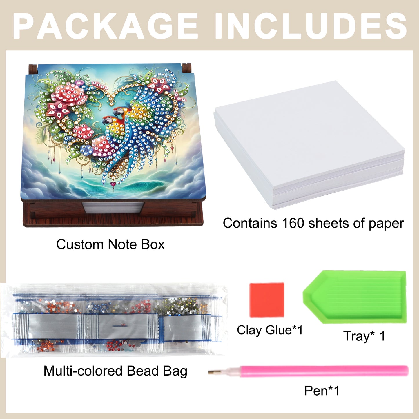 Wooden DIY Flower Parrot Diamond Painting Kit Note Box with 160 Papers Gifts